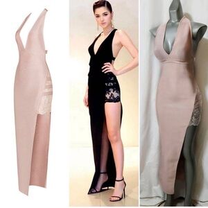 Elegant Beige Midi Dress with Lace Detail Evening Dress